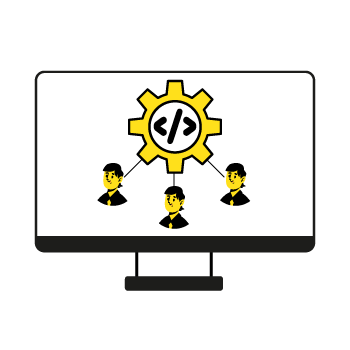 business CRM - Cartoon illustration showing four stages of software development with yellow gear icons and developer character figures