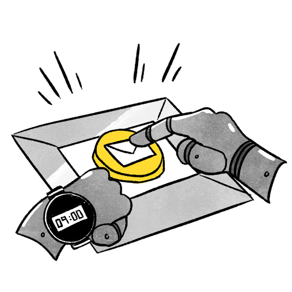 Robot hands pressing a button to send a message