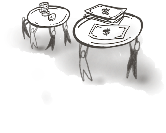 People walking holding plates of money