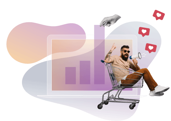 Image of person with a megaphone in a shopping cart with a cartoon graph behind them. 