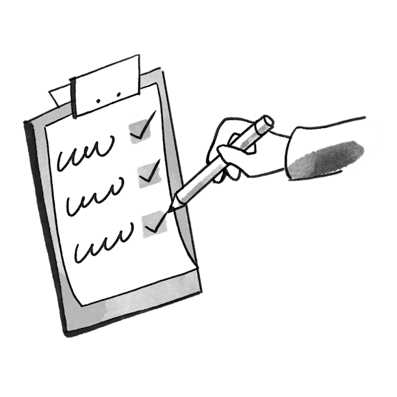 Hand marking checkboxes on a clipboard with pen, simple black and white sketch illustration