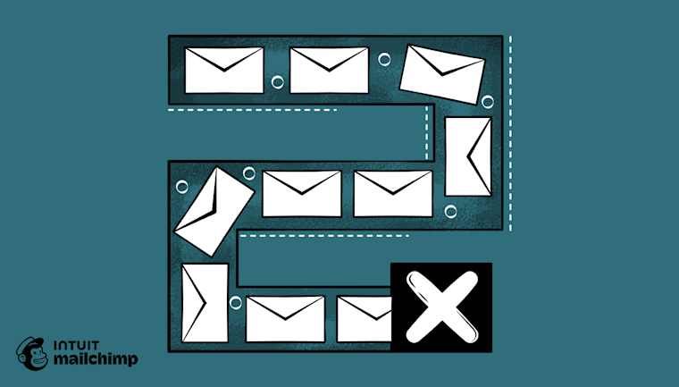Stylized illustration showing multiple white envelope icons arranged in rows on a teal background, with Mailchimp and Intuit logos at bottom