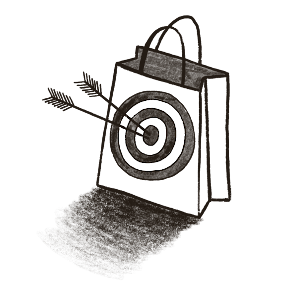 Shopping bag with bullseye target symbol and arrow hitting center, shown in black and white illustration style