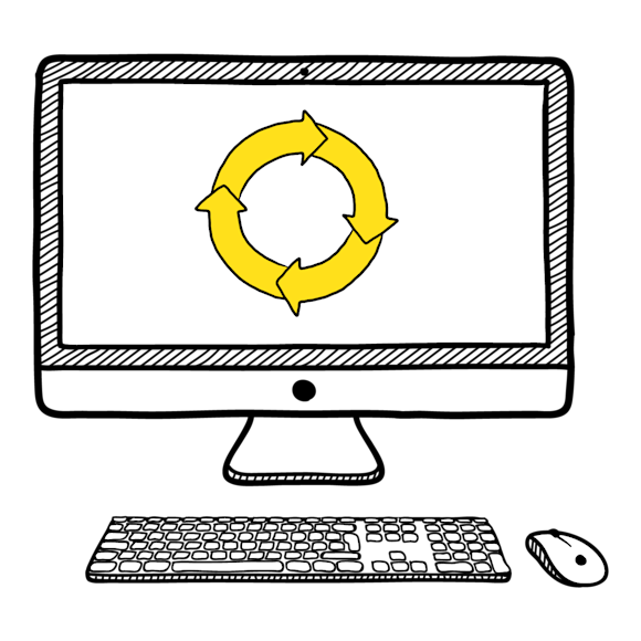 Desktop with arrows pointing in a circle on the screen graphic 