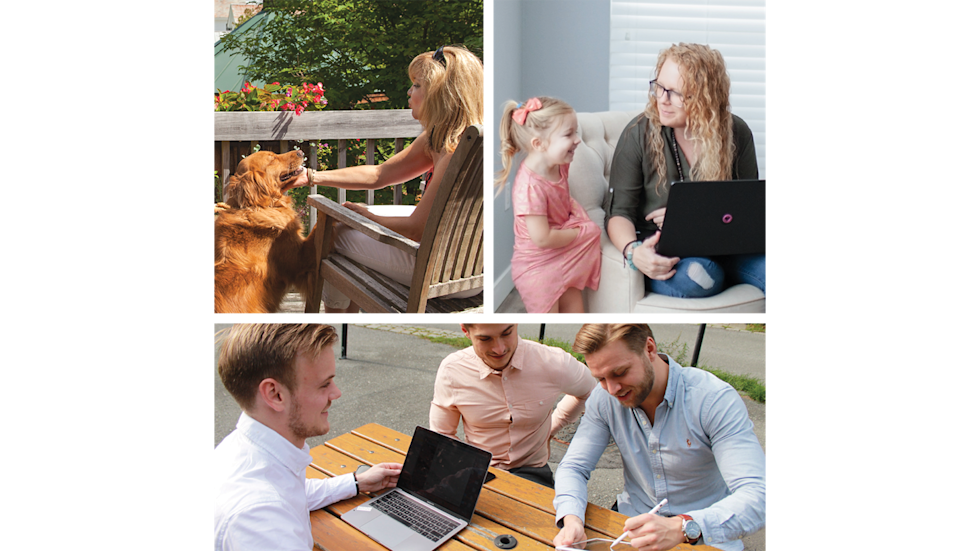 Three scenes showing remote work: a person with a dog on a porch, parent and child with laptop at home, and colleagues meeting outdoors.