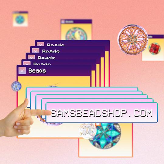 Stylized website interface showing "Beads" tabs and samsbeadshop.com URL, decorated with ornate beaded jewelry designs on pink background