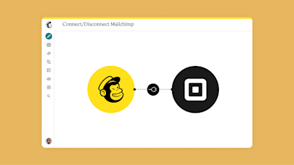Mailchimp interface showing a Mailchimp logo on a yellow circle connected by a plug icon to a Square logo on a dark circle.