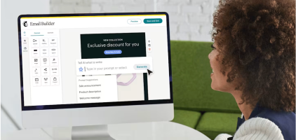 Person using Email Builder software on laptop, showing interface with email templates and editing tools on screen