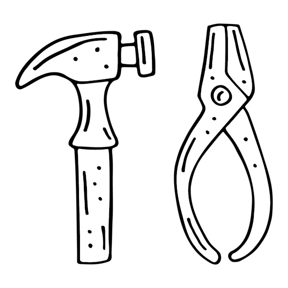Simple line drawings of two hand tools: a hammer and pliers, shown in black outline style