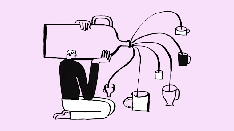 Person pouring liquid out of one jug into six cups.