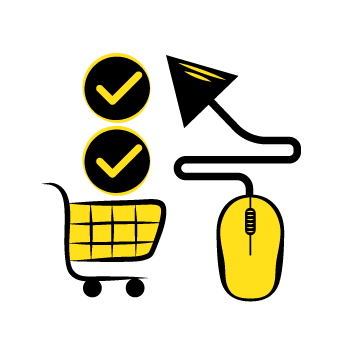 purchase path - black and yellow icons showing online shopping steps