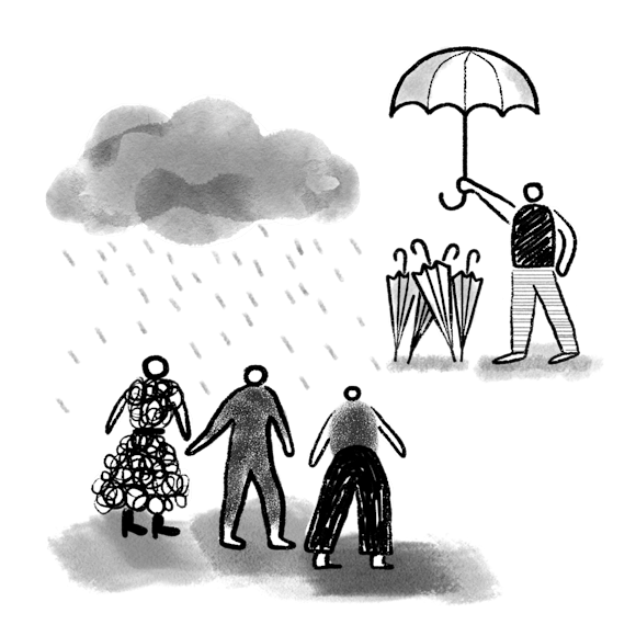 Man showing the benefit of having an umbrella (value proposition)