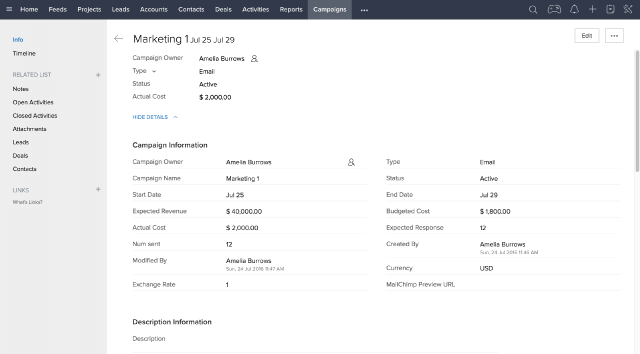 Image of entry in Zoho CRM