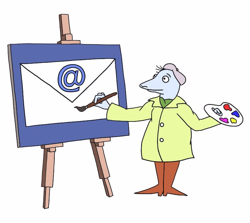 Cartoon mouse artist in yellow coat painting an email symbol on canvas, holding paintbrush and palette