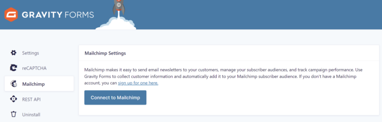 To connect your site to your Mailchimp account, simply click the 'Connect to Mailchimp' button. Log in to your Mailchimp account within the MailChimp window provided. Click the 'Allow' button to allow the Gravity Forms app to access your Mailchimp account.