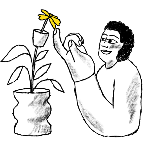 Abstract man touching a flower