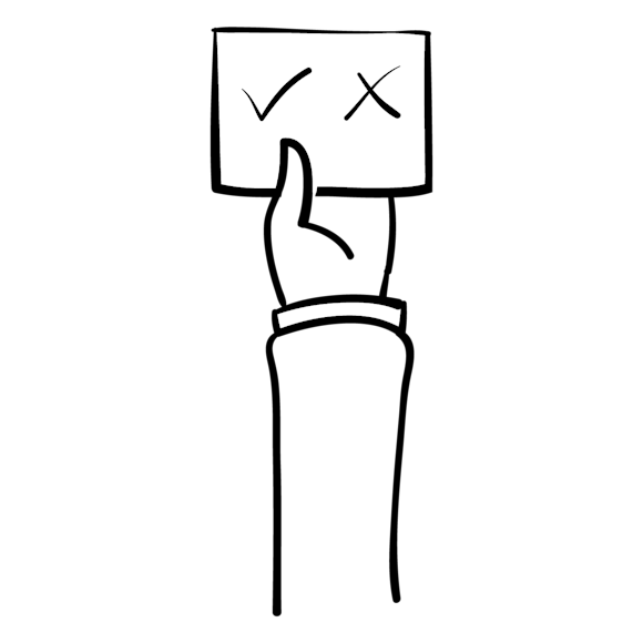 Simple line drawing of a hand holding up a sign or card with a checkmark and X symbol