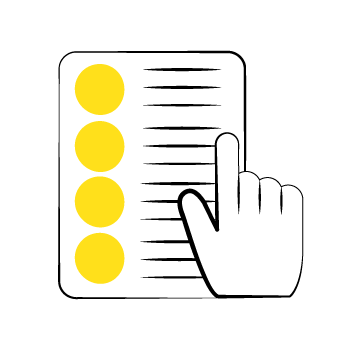start a blog - Simple line drawing of five connected icons showing yellow circles with horizontal lines