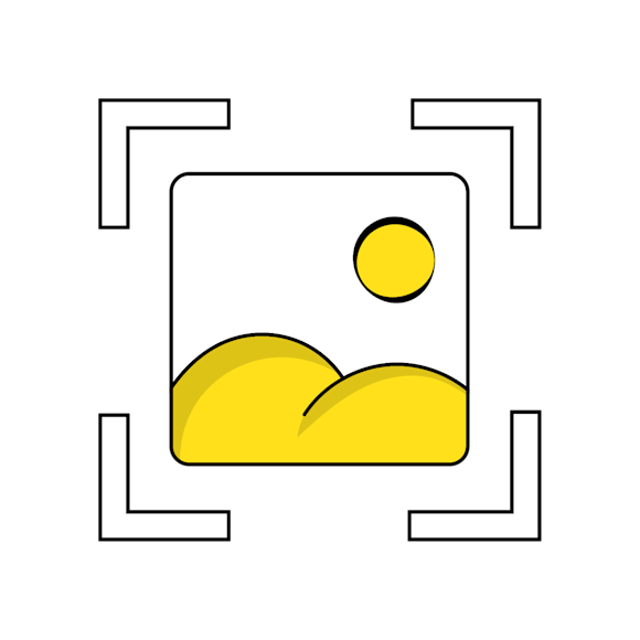 different camera shots - Simple line drawing of a yellow cloud and sun icon within a geometric frame border