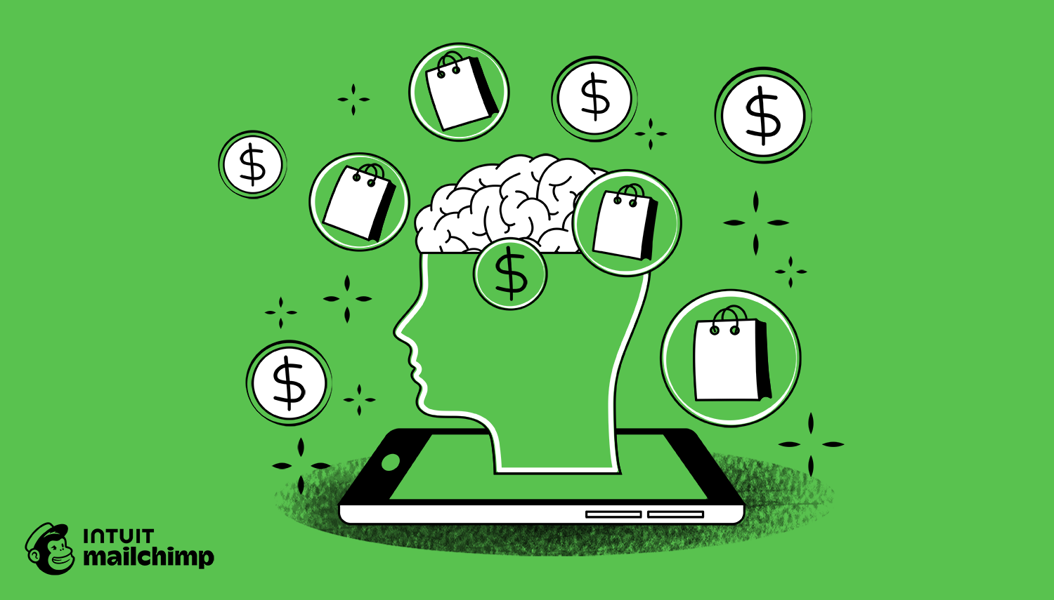 What Is Neuromarketing - Illustration of a profile head emerging from smartphone screen, surrounded by floating shopping bags and dollar signs on green background