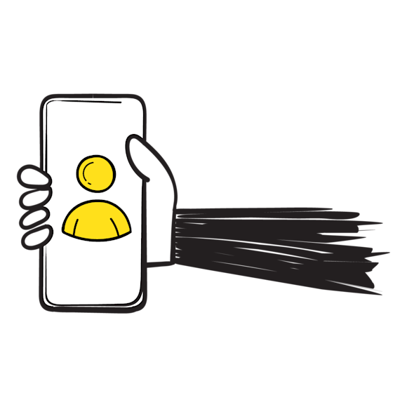 hand holding a phone with a customer on the screen