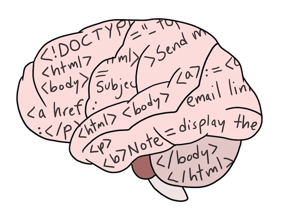 Illustration of a pink brain filled with HTML code elements and tags, suggesting web development concepts and coding syntax