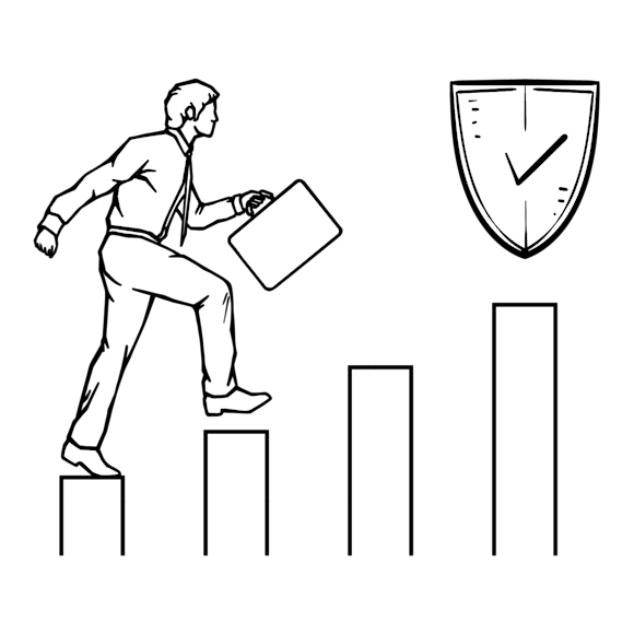 Graphic of a man climbing a bar chart to illustrate success 