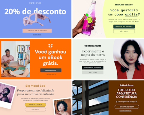 Seis exemplos imaginários de formulários pop-up, mostrando vários modelos, fotografias e esquemas de cores para seis marcas fictícias. Os formulários pop-up promovem descontos, brindes, listas de e-mail e confirmações de presença em eventos para incentivar as inscrições.
