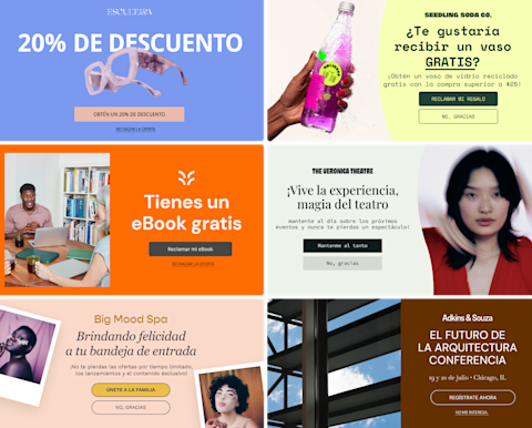 Seis ejemplos imaginarios de formularios emergentes, que muestran múltiples plantillas, fotografías y esquemas de color para seis marcas ficticias. Los formularios emergentes promocionan descuentos, regalos, listas de correo y confirmaciones de asistencia a eventos para incentivar la suscripción.