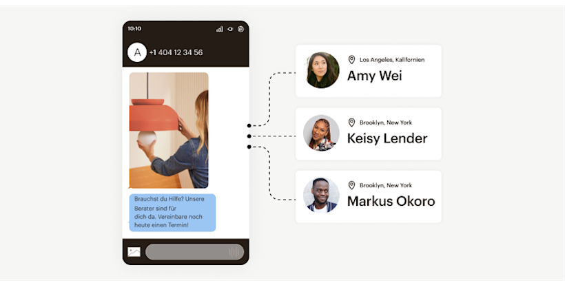 SMS-Nachricht auf dem Mobilgerät mit gepunkteten Linien, die auf Kundenprofile an verschiedenen Orten hinweisen