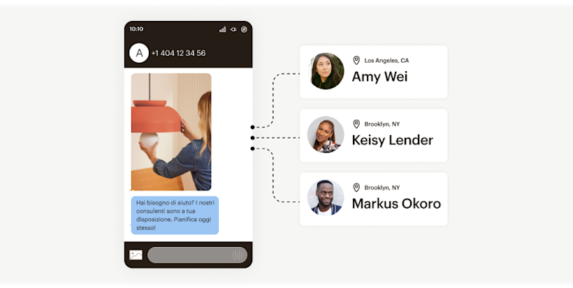 Messaggio SMS su dispositivo mobile con linee tratteggiate verso i profili di clienti di luoghi diversi