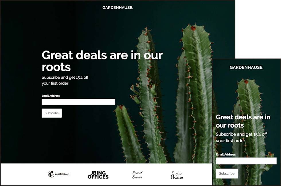 Landing page with a background overlay, signup form, and logo grid that reads great deals are in our roots subscribe and get 15% off your first order