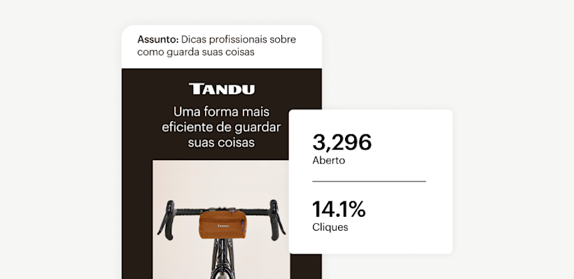 Recorte de e-mail em um dispositivo móvel de uma marca de bicicletas chamada Tandu. Uma bolha branca está ao lado e ligeiramente acima, indicando as taxas de abertura e de cliques