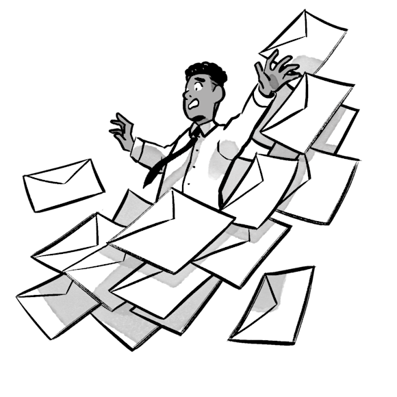 man surrounded by envelopes