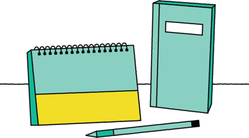 A row of minimalist illustrations showing various office supplies in turquoise and yellow, including notebooks, folders and a pencil