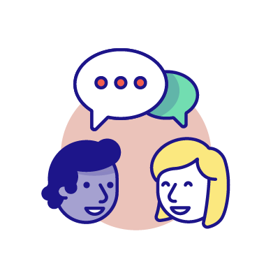 Two smiling people with speech bubbles above their heads, shown in a simple cartoon illustration style with blue and yellow hair
