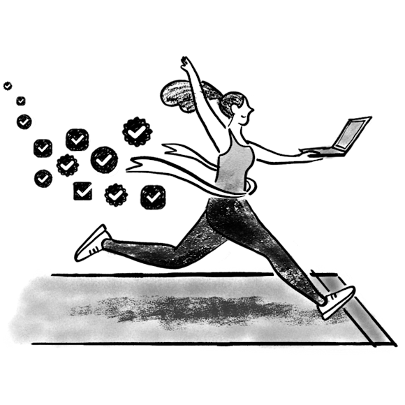 Woman with laptop running and crossing a finish line