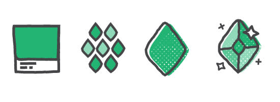 Four green geometric icons showing a square screen, diamond pattern, textured diamond shape, and sparkling gem design