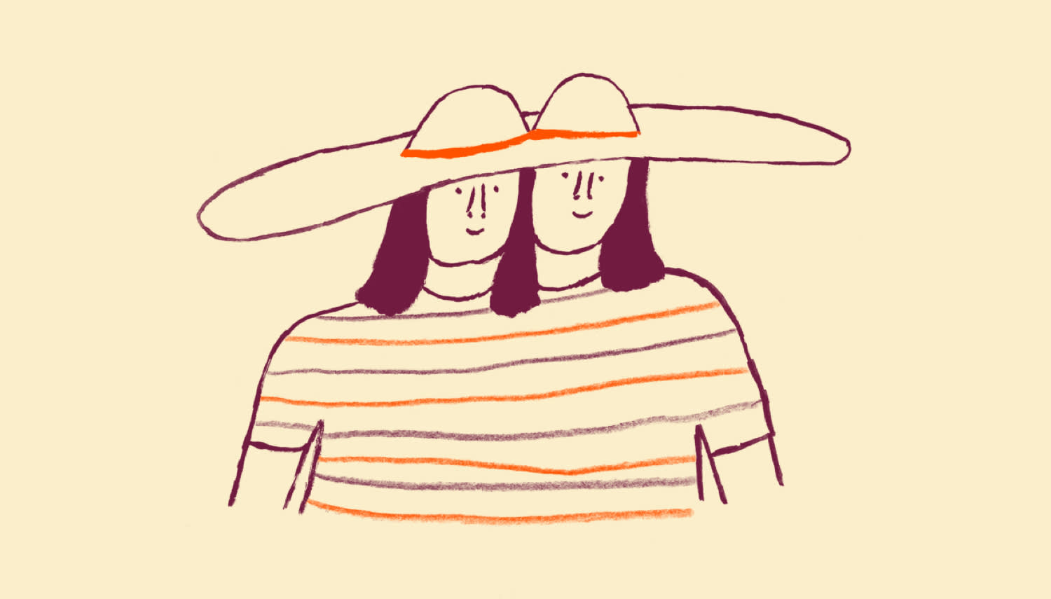 Simple line drawing of two figures sharing a wide-brimmed hat, wearing a striped shirt in orange and purple tones