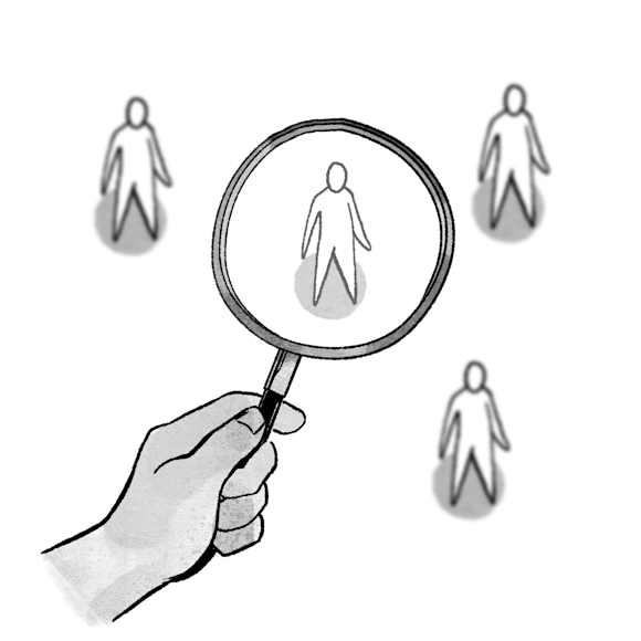 figures of people and a magnifying glass