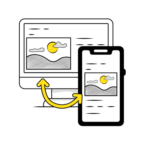 mobile layout  - Line drawing showing a desktop screen and smartphone displaying the same landscape image, connected by a yellow curved arrow
