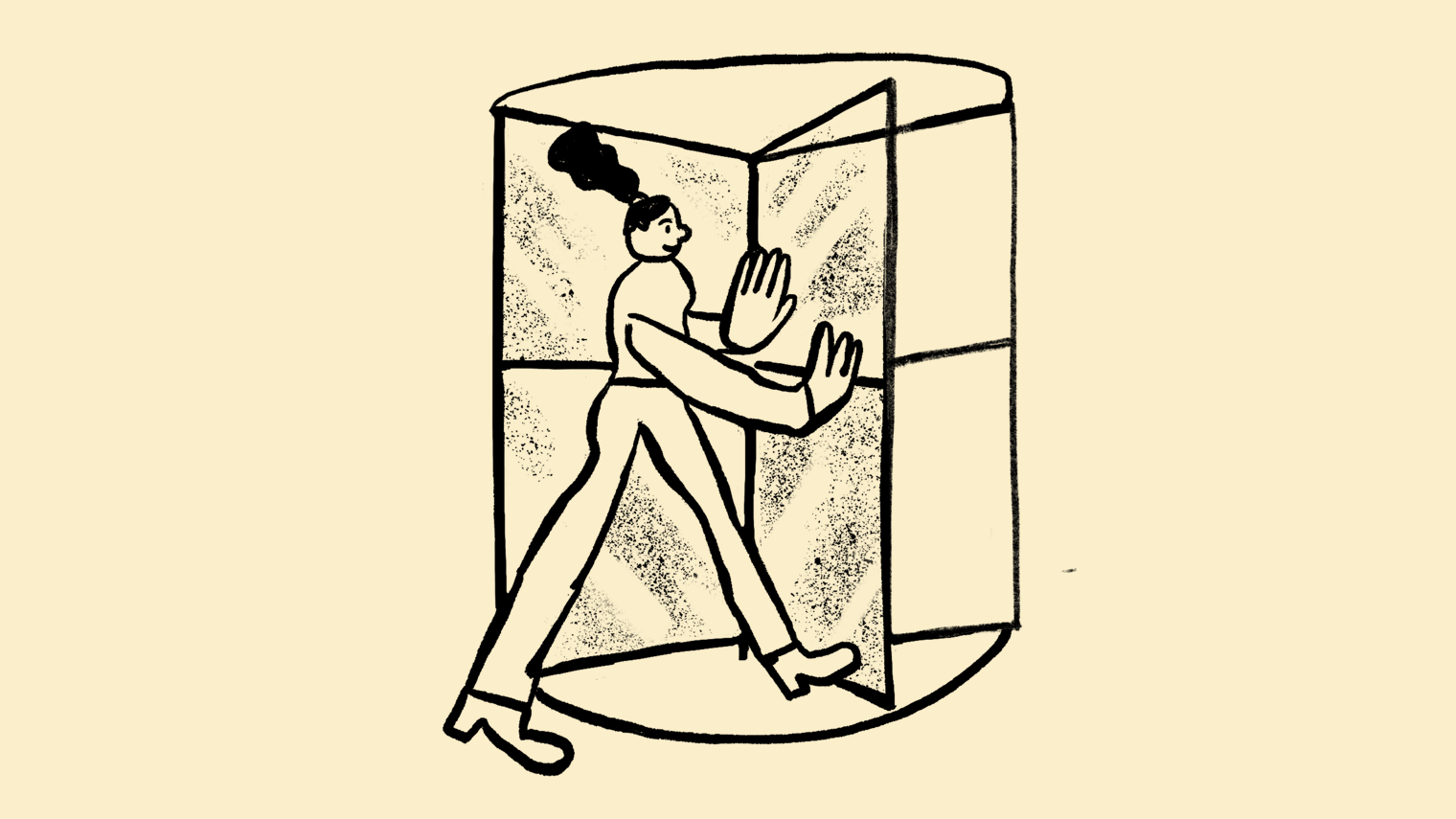 A woman walking through a spinning door