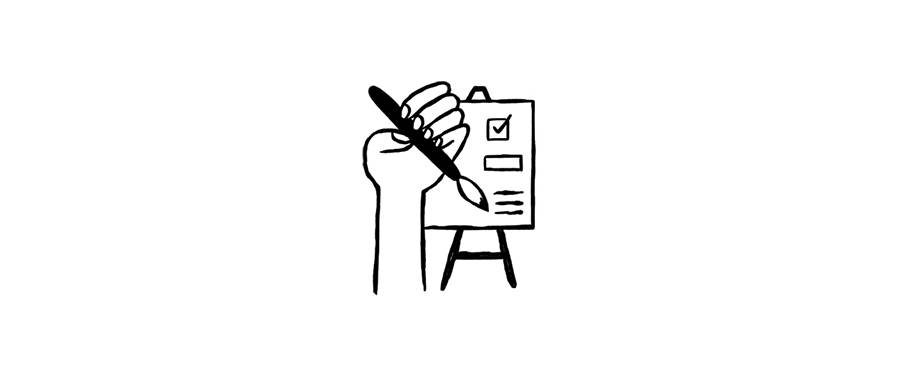 A drawing of a hand holding a paintbrush and checking off some boxes on a checklist.