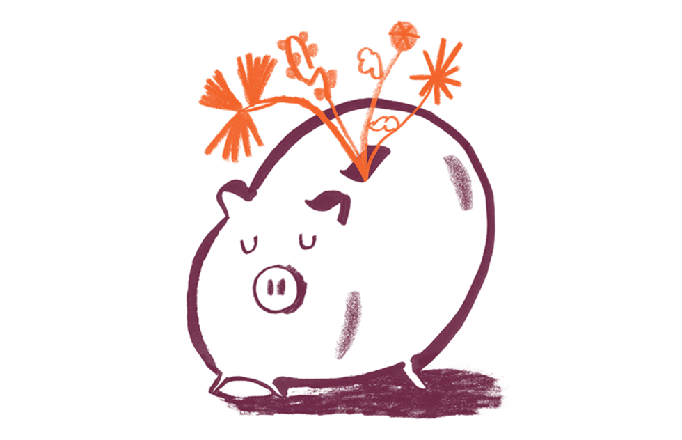 Simple line drawing of a round pig with closed eyes and orange flowers sprouting from its head in a whimsical style
