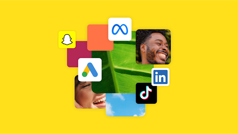 Social media app icons including Snapchat, Meta, LinkedIn and TikTok arranged with smiling faces and nature images on yellow background