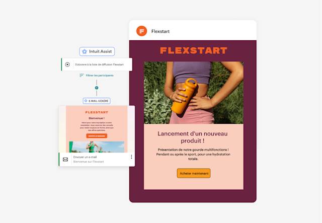 Exemples d'outils de création de contenu d'e-mail par IA générative de Mailchimp, y compris un e-mail entièrement généré et des recommandations de contenu.