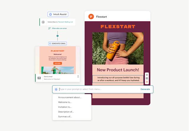 Example of Mailchimp’s generative AI email content creation tools, including a completely generated email and copy recommendations.