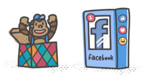 Cartoon illustration of a smiling monkey toy popping out of a box next to a simplified Facebook app icon