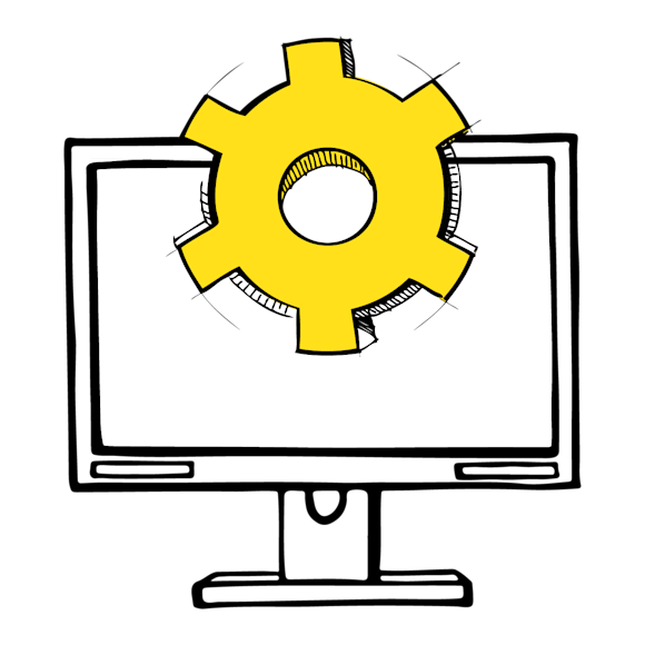 Hand-drawn computer monitor with a yellow gear icon above it, suggesting system settings or configuration