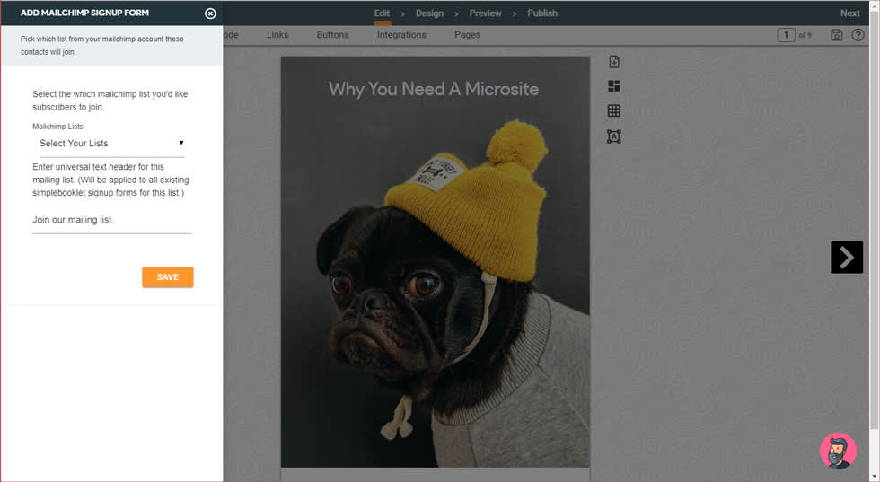 Image of a pug wearing a beanie with the text why you need a microsite. To the left of that there is text to add mailchimp signup form.